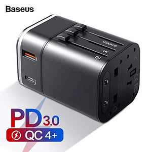 Baseus 18w international worldwide travel adapter and (usb + type c) pd charger support quick charge 3.0- Black