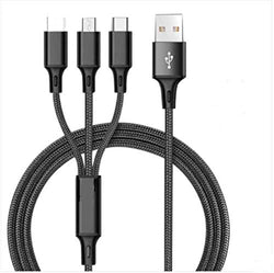 3 in 1 USB Charing Cable Compatible With Phones With Type C Lightning Micro USB Charging Ports - Black