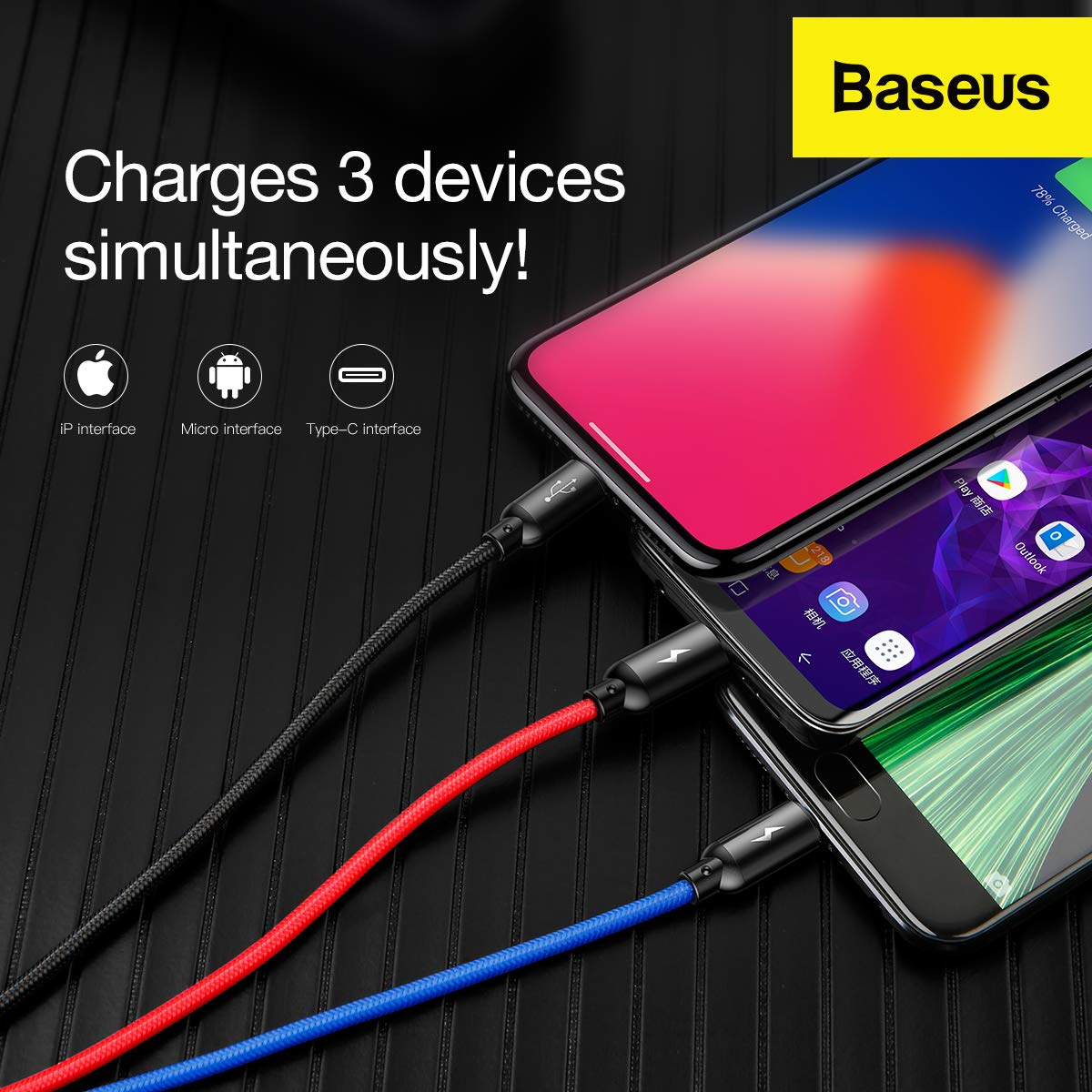 Baseus 3-in-1 Nylon Braided Fast Multi Charging USB (with IP/Android/T ...