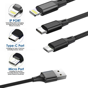 3 in 1 USB Charing Cable Compatible With Phones With Type C Lightning Micro USB Charging Ports - Black